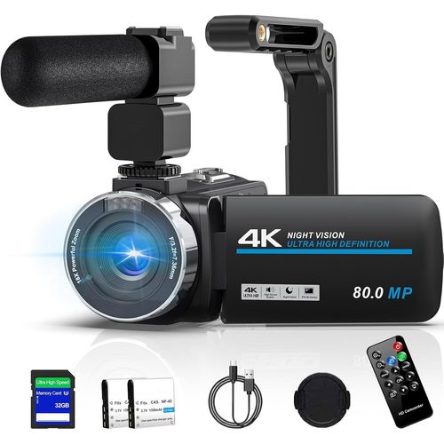 wagner-Camscope 4K 80Mp Hd Camra Vido Pour Youtube,30Fps Webcam  Vision Nocturne Ir Camra,Zoom Numrique 18X De  cran Ips 3.0 270Vlogging Camera Avec Carte Sd,2 Piles,Tlcommande Et Stabilisateur