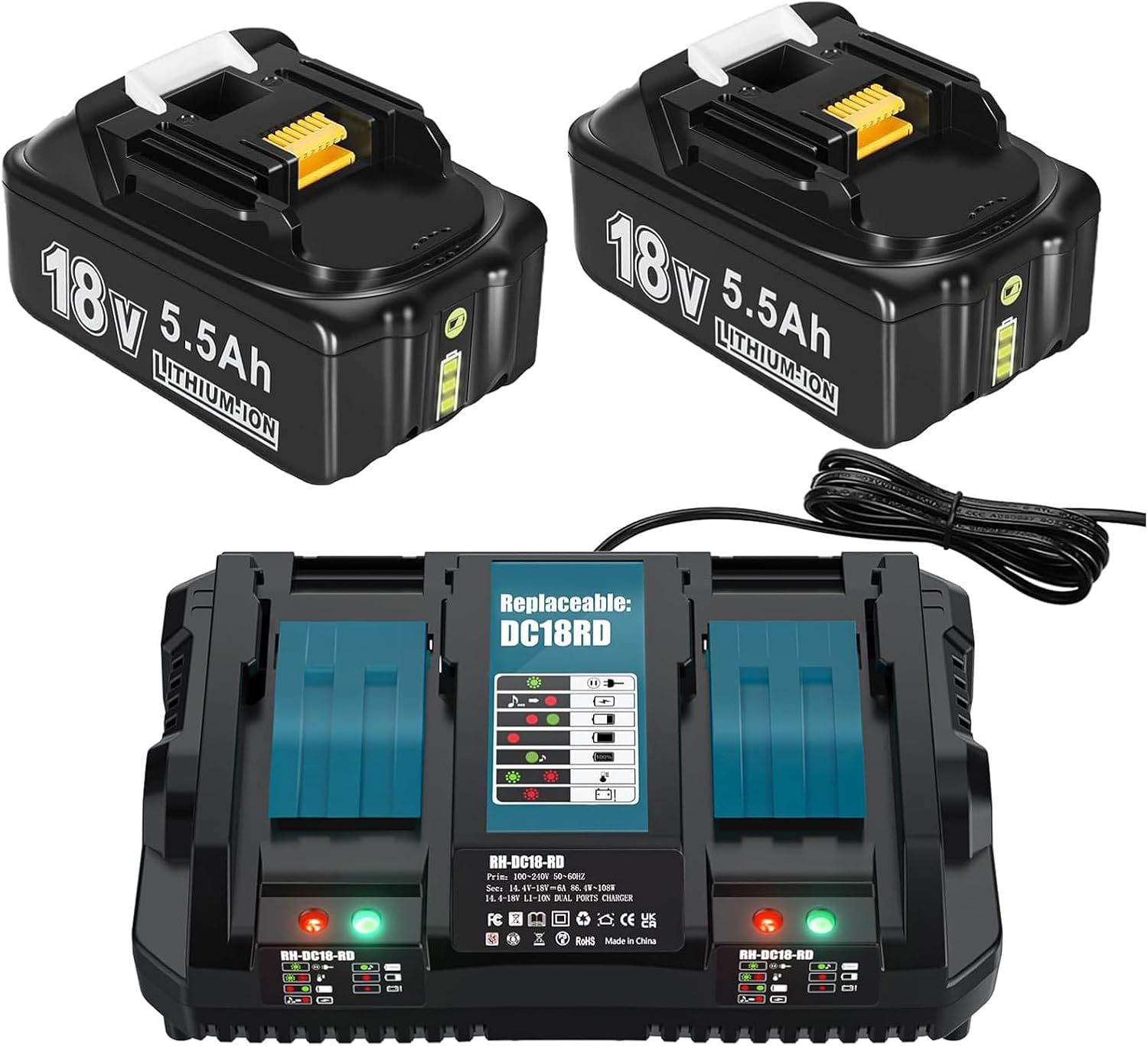 Wagner-Dc18rd Lot De 2 Batteries De Rechange 18 V 5500 Mah Pour Makita Bl1860 Bl1860b Bl1850b Bl1850 Bl1840b Bl1830b Lxt-400