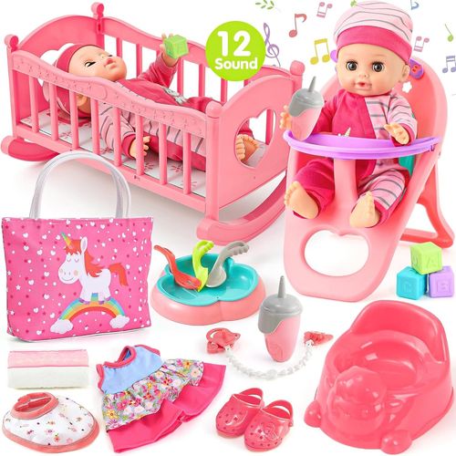 wagner-Kit Accessoire Bebe Pour Poupon,30Cm Poupon Interactif Ave Son,Couche,Sac De Langer Poupes Accessoires Et Biberon Pot,Vtements Pour Poupe Anniversaire Jouets Cadeau Fille Enfant 2 3 4 5 6 Ans