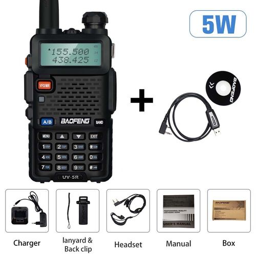Walperfor Tokyo ie Baofeng UV-5R 5W True Haute Puissance Ham Radio Longue Porte 10km FM Portable UV5R touristes Bande Radio Bidirectionnelle Comunicador - Type UV5R-5W Add Cable-EURO