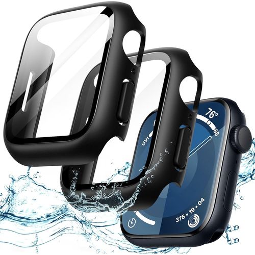 Waterproof Case With Screen Protector For Apple Watch Series 9 8 7 45mm,Built-In Tempered Glass Film,Full Protective Hard Pc Case,Pack Of 2 (Black)