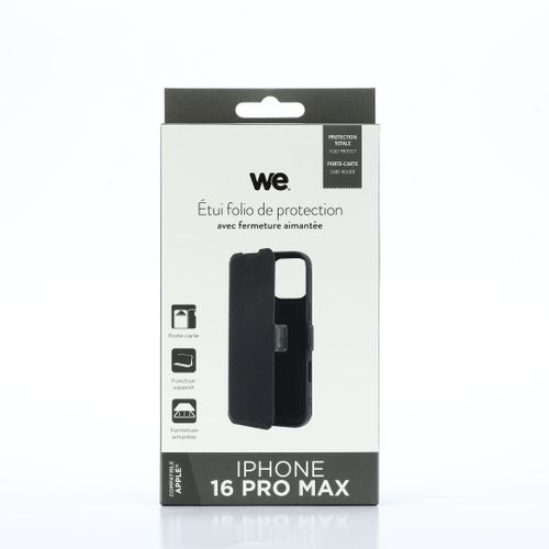 We Etui Folio Aimante Apple Iphone 16 Pro Max Noir: Fermeture Magntique - Anti-Chocs - Accs Camra  Porte-Cartes - Fonction Support