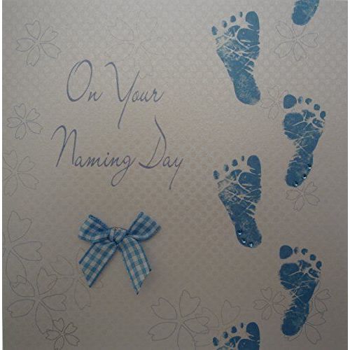 White Cotton Cards Carte Fait Main Bois ``On Your Naming Day Naming Day Bleu, Blanc