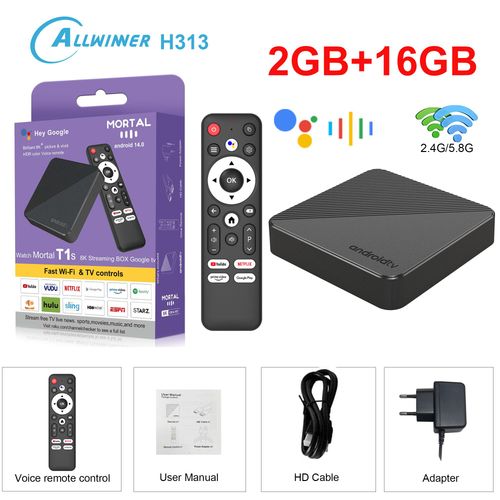WiFi6 Android14 Smart TV Box T1S Allwinnerh313 Chip Quad Core 1000m LAN Bluetooth 5 4K vido Chromecast Streaming Media Player - Type T1S 2G16G Voice