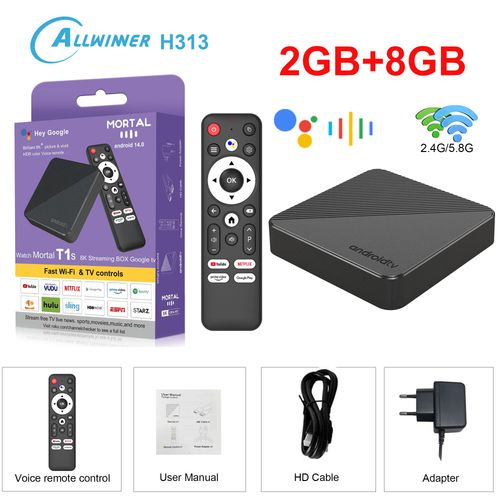 WiFi6 Android14 Smart TV Box T1S Allwinnerh313 Chip Quad Core 1000m LAN Bluetooth 5 4K vido Chromecast Streaming Media Player - Type T1S 2G8G Voice