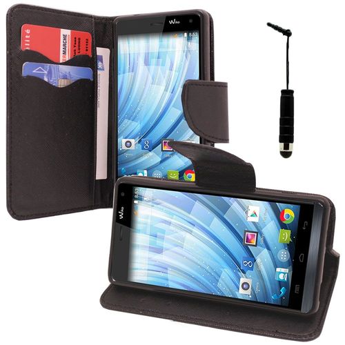 Etui Portefeuille Pour Wiko Getaway Support Video Cuir Pu Effet Tissu - Noir + Mini Stylet