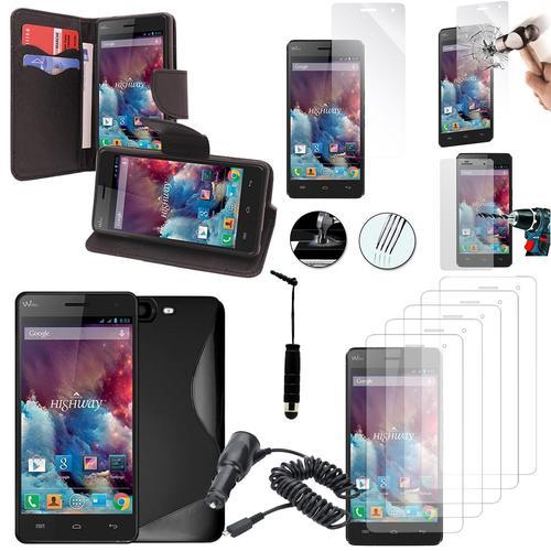 Wiko Highway / Highway 4g: Lot Coque Etui Housse Pochette Accessoires Silicone Gel Films Verre Tremp Stylet Chargeur Voiture Portefeuille Support Video Cuir Pu Effet Tissu - Noir