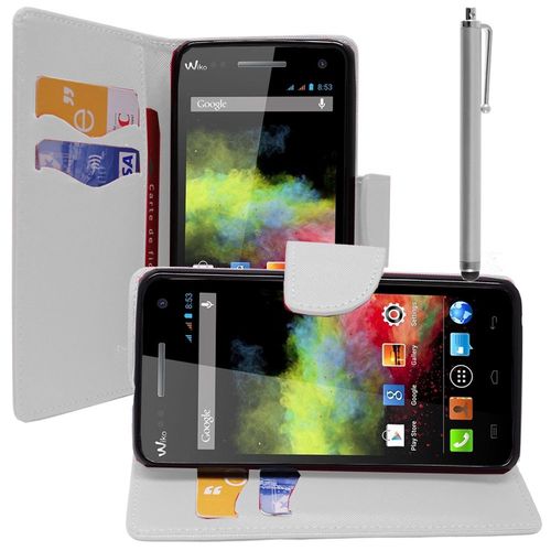 Etui Portefeuille Pour Wiko Rainbow Support Video Cuir Pu Effet Tissu - Blanc + Stylet