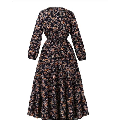 Women Dress, Elegant Middle Eastern-Inspired Floral Print A-Line Dress