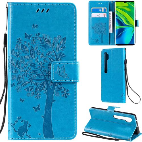 Xiaomi Mi Note 10/Note 10 Pro Coque Motif Arbre Chat Pu Cuir Flip Housse tui Cover Case Wallet Portefeuille Support Avec Porte-Cartes Pour Xiaomi Mi Note 10 Pro-Bleu