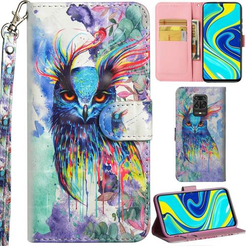 Xiaomi Redmi Note 9s/Note 9 Pro/Note 9 Pro Max Coque 3d Pu Cuir Flip Housse tui Rabat Cover Case Portefeuille Support Avec Porte-Cartes Pochettes Dragonne Pour Redmi Note 9s-Color Hibou