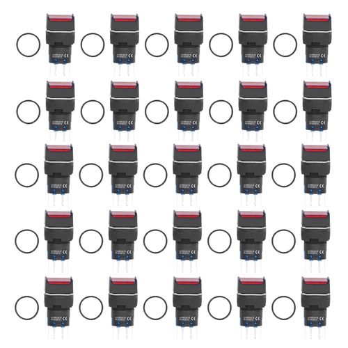 Xyong Lot De 25 Interrupteurs A Bouton-Poussoir Lumineux, Carres De 16 Mm, Autobloquants, Petits Interrupteurs D'alimentation 24 V, 5 A, Rouges