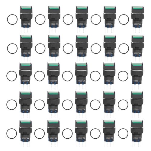 Xyong Lot De 25 Interrupteurs A Bouton-Poussoir Lumineux, Carres De 16 Mm, Autobloquants, Petits Interrupteurs D'alimentation, 24 V, 5 A, Vert