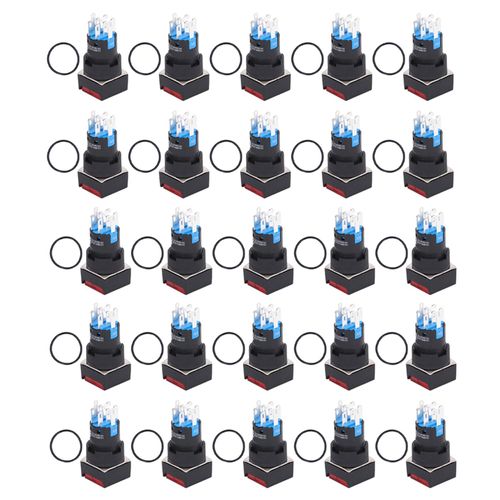 Xyong Lot De 25 Interrupteurs Carres A Bouton-Poussoir En Laiton Abs, 8 Broches, Autobloquants, Avec Lumiere, 16 Mm, 12 V, Rouge