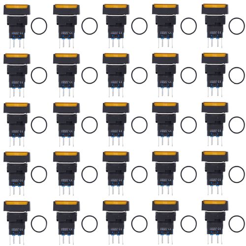 Xyong Lot De 25 Micro-Interrupteurs Carres A Bouton-Poussoir En Laiton Abs, Autobloquants Avec Lumiere, 16 Mm, 12 V, Jaune
