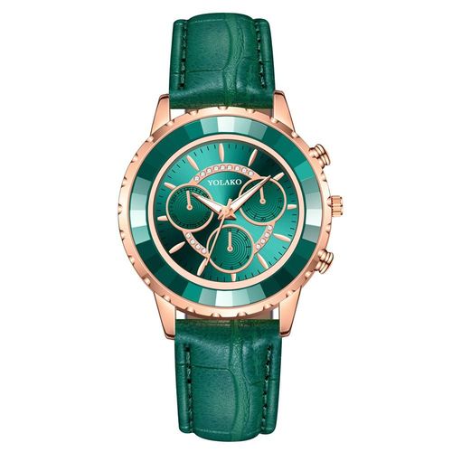 Yolako-Montre-Bracelet En Cuir  Quartz Pour Femmes, Cadran  Trois Yeux Vert,  La Mode