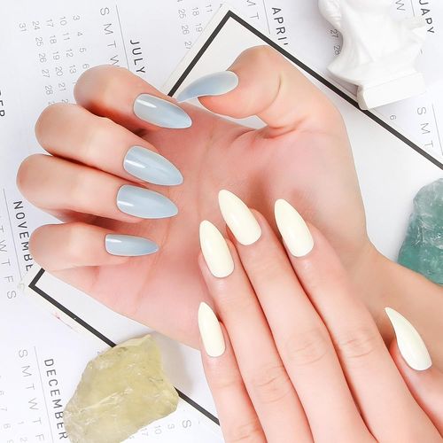 Ytseazn-24 Faux Ongles Ragissant  La Lumire Ultra Violette,Ongles Artificiels Sous Forme DAmande En Pointe,Passe De Crme En Bleu Selon L'intensit Du Soleil.