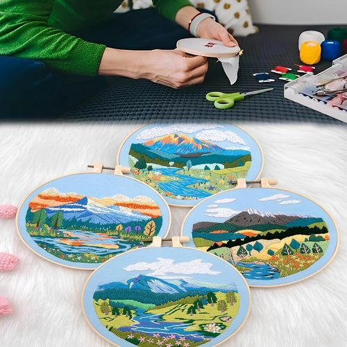 Ytseazn-4pcs Ensemble De Broderie,Matriel De Broderie De Motif De Paysage,Y Compris Le Tissu De Broderie De Motif,Le Fil  Broder,L'aiguille Et L'outil D'anneau,Avec Un Hangar  Broder De 15cm