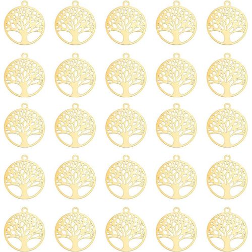 Ytseazn-60 Pcs Dor Arbre De Vie Charme Creux Plat Rond Filigrane Pendentif Grav Mtal Embellissement Laiton Dangle Pour La Fabrication De Bijoux,Trou: 1.2mm