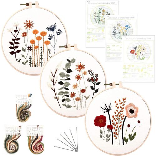 Ytseazn-Fils  Broder Kit,Broderie Dbutant Outil,Comprenant 1 Cerceaux 3 Tissu Brod,Fil A Coudre,Aiguilles,Coton Disponible,Pr-Dessine  Broder