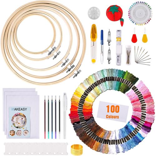 Ytseazn-Fils  Broderie Kit,205 Pcs Avec 100 Color Set Pour 5 Cercles Bambou,40 pingles  Coudre,3 Tissus  Broder Aida Et Kit D'outils De Point De Croix,Avec Instruction
