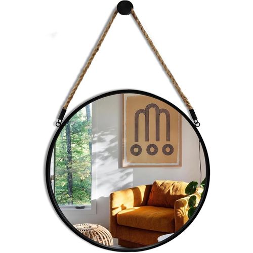 Ytseazn-Miroir Rond Noir  Suspendre,Miroir En Corde Circulaire,Miroir De Ferme De 38,1 Cm Avec Corde De Suspension Pour Salle De Bain,Chambre  Coucher,Salon,Entre,Dcoration D'intrieur