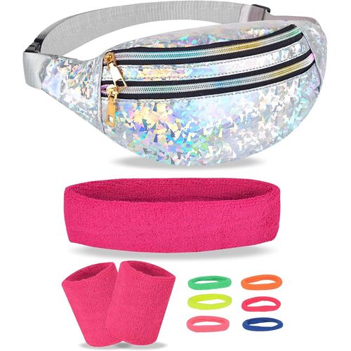Ytseazn-Sac Banane Des Annes 80,90 Pour Femme-Sac Banane Mtallique-3 Compartiments-Avec Bracelets Roses Rouges Et Bandeau-lastique Fluo-Pour Dguisement De Carnaval-Argent Brillant