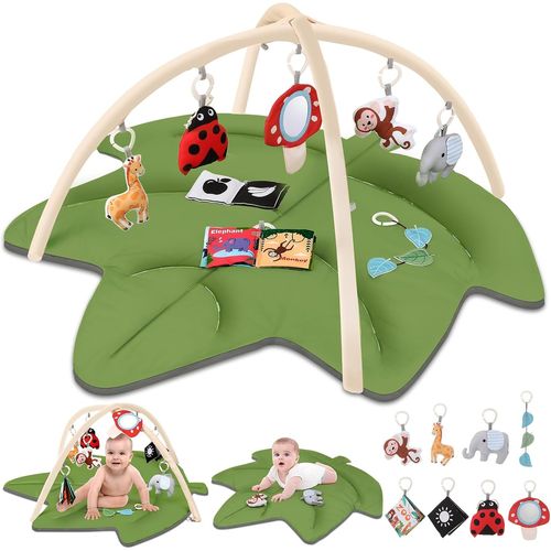 ytseazn-Tapis D'veil Bb,Tapis D'veil En Forme De Feuille Naturelle Avec 8 Jouets,Tapis D'veil Et De Jeux,Tapis D'veil Bb volutif,Arche D'veil Bb Adapte Aux Bbs De 0  18 Mois