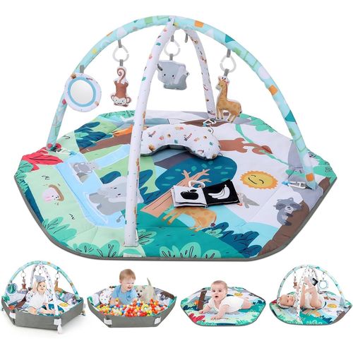 ytseazn-Tapis D'veil Bb,Tapis Dveil 4 En 1 Avec 6 Jouets,Tapis D'veil Bb volutif,Tapis De Jeu Pliable Au Design Zoo,Arche D'veil Bb Adapt Aux Bbs De 0  18 Mois