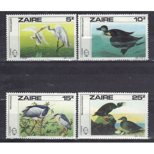 Zaire 1985 : Bicentenaire De La Naissance De L'ornithologue J.J.Audubon : Oiseaux : Grande Aigrette/Macreuse  Bec Jaune/Hron Bihoreau/Macreuse  Front Blanc - Srie Entire De 4 Timbres Neufs **