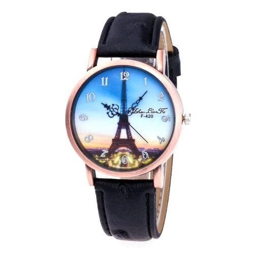 Zhoulianfa  La Mode Unisexe Dcontract Tour Eiffel Bracelet En Cuir Montre  Quartz Montre-Bracelet (Noir)
