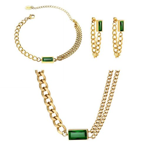Zircon Double Couche Chane Collier Simple Carr Vert Bracelet Collier Boucles D'oreilles Ensemble Femme