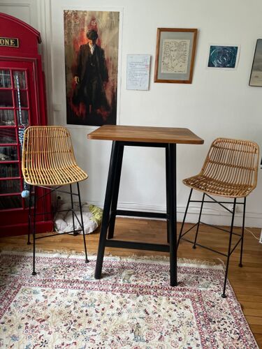 Table Haute En Bois De Bar Avec 2 Chaises En Rotin Haute