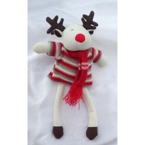 Doudou Peluche Elan Ecru Pull Rayures Echarpe Rouge Gris Plein Nord