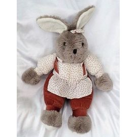 Doudou Peluche Lapin Gris Tablier Fleurs Pantalon Marron Jemini 40 Cm