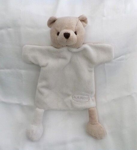 Doudou Peluche Plat Marionnette Ours Blanc Et Beige Clarins