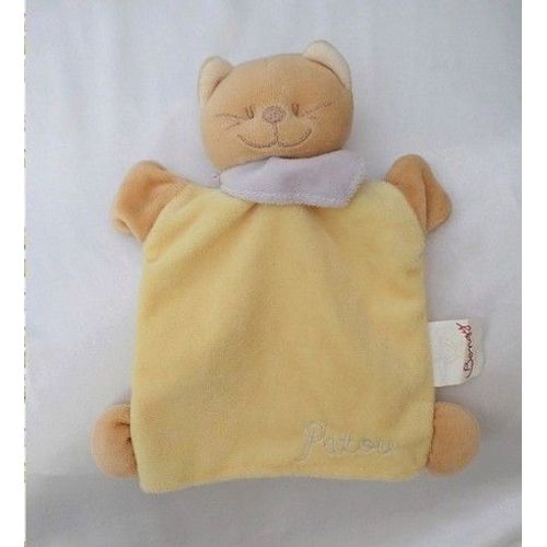 Doudou Plat Marionnette Chat Patou Jaune Foulard Mauve Amtoys Bengy