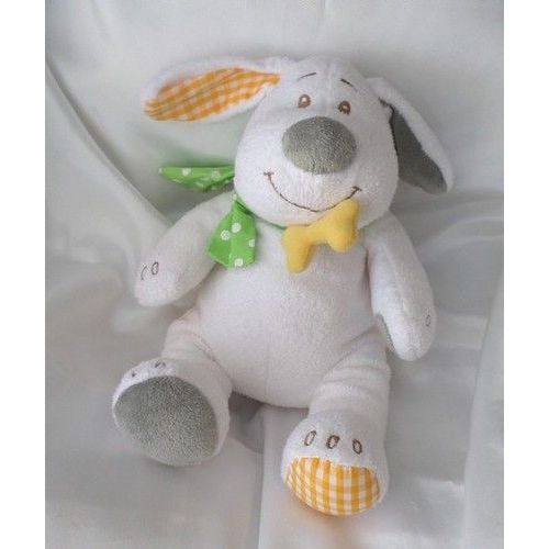 Doudou Peluche Chien Blanc Foulard Vert Os Jaune Wouf Musical Bengy