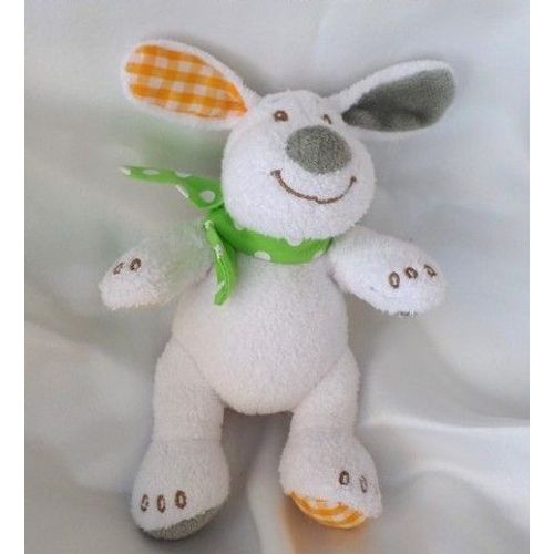 Doudou Peluche Chien Blanc Et Gris Vichy Jaune Foulard Vert Bengy