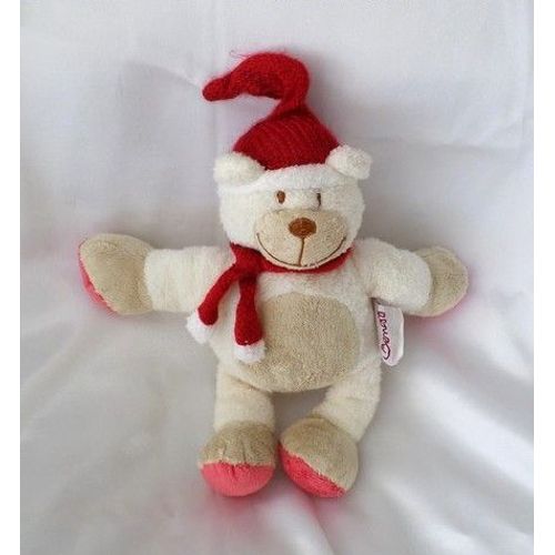 Doudou Peluche Ours Blanc Rond Beige Bonnet Echarpe Rouge Bengy