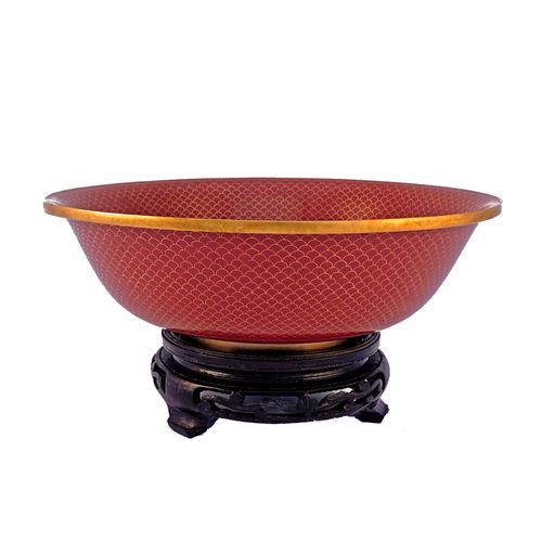 Coupe chinoise en émaux cloisonnés rouge brique et laiton brillant