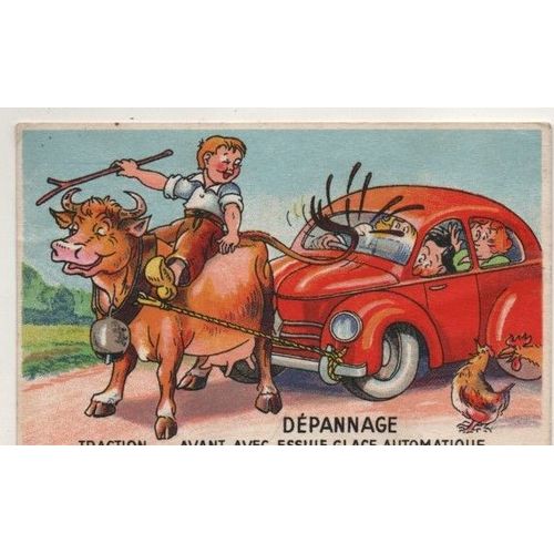 Carte Postale Ancienne Theme Humoristique - Depannage - Traction Avant Avec Essuie Glace Automatique