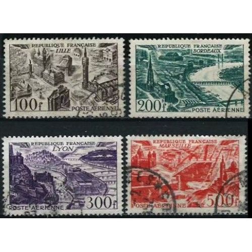 France 1949, Belle Série Complète Poste Aérienne, Vues Stylisées, Timbres Yvert 24 Lille 25 Bordeaux 26 Lyon 27 Paris, Oblitérés, Tbe, Cote 21.50 Euros.