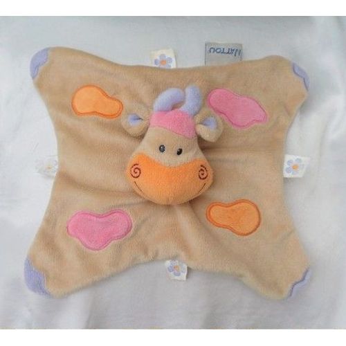 Doudou Peluche Plat Vache Beige Nuage Rose Orange Etiquettes Nattou