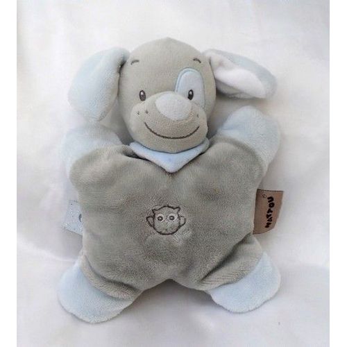 Doudou Peluche Semi Plat Chien Sam Et Toby Gris Cocard Bleu Chouette Grelot Nattou