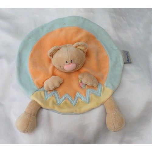 Doudou Peluche Plat Rond Ours Beige Orange Bleu Brouette Nattou