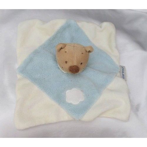 Doudou Peluche Plat Ours Beige Carré Blanc Bleu Nuage Nattou