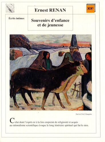 Fiche Lecture / Littérature Ernest Renan Souvenirs D'enfance Et De Jeunesse