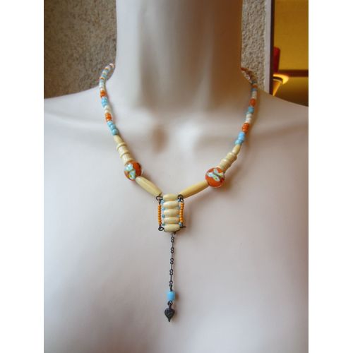 Collier Bleu Et Orange Style Amérindien