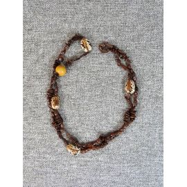 Collier/ Sautoir En Graines Marron Foncé, Jaune Et Blanche